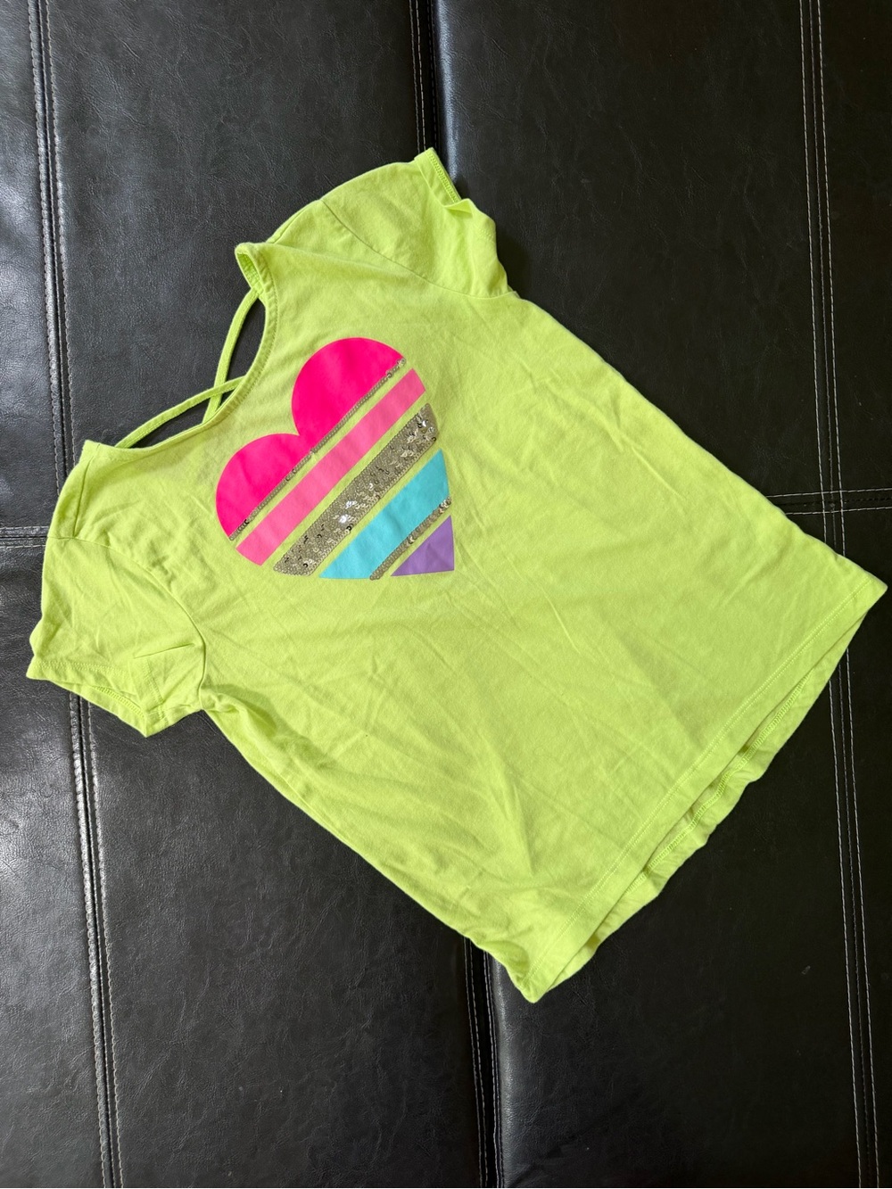 The Children's Place - Neon Lime Short Sleeve Tee with Striped Heart Graphic